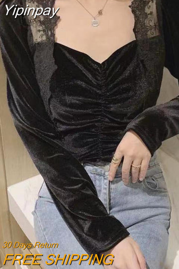 Yipinpay Vintage Blouses Women Puff Sleeve Square Collar Tops Female Lace Design Office Ladies Sweet 2023 Summer Korean Fashion